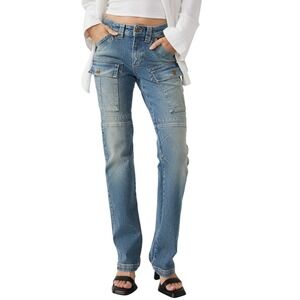 We The Free Dream Maker Denim Cargo Pants Light Wash Distressed Size 28